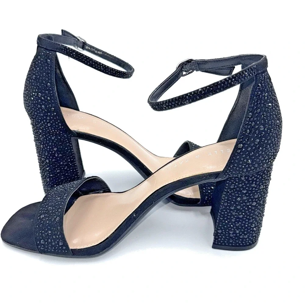 Kelly & Katie Caital Black Rhinestone Block Heel Sandals Women's Size 9